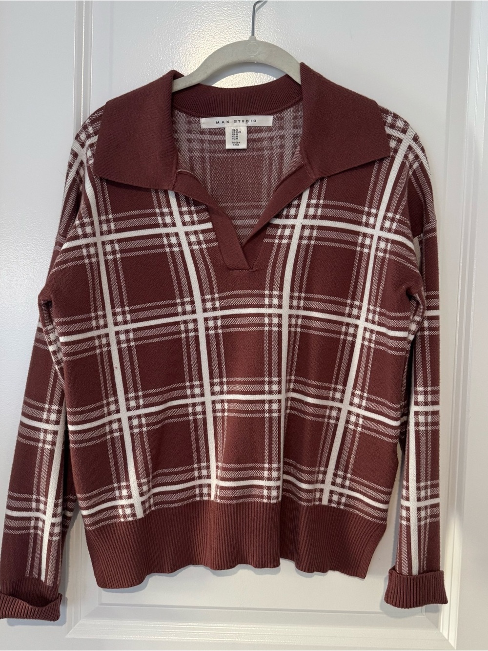 Max Studio Women's Plaid Knit Polo Sweater - Burgundy/White